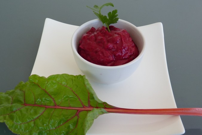 red beet spread with wasabi and pickled cucumber 
